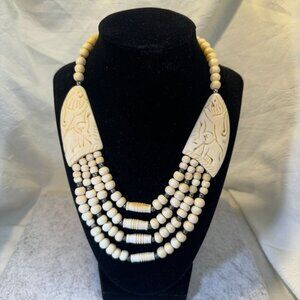 Vintage Carved Tribal Beaded Necklace Intricate Elephant Pendants & Multi-Strand